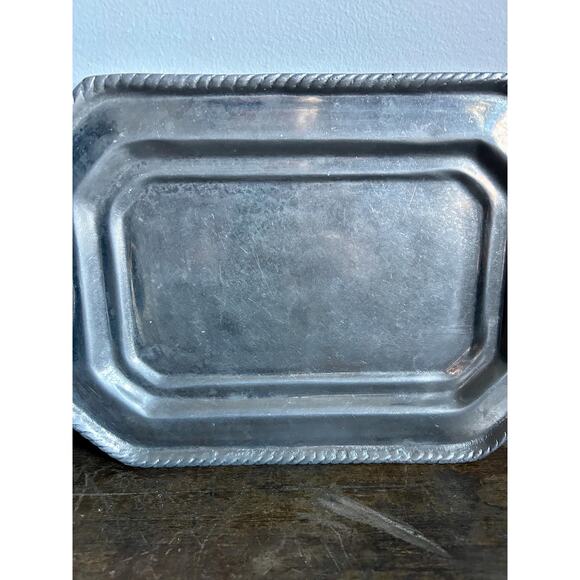 Vintage Solid Pewter Tray with Blue and White Ceramic Tile Accents | Farmhouse - Picture 3 of 5